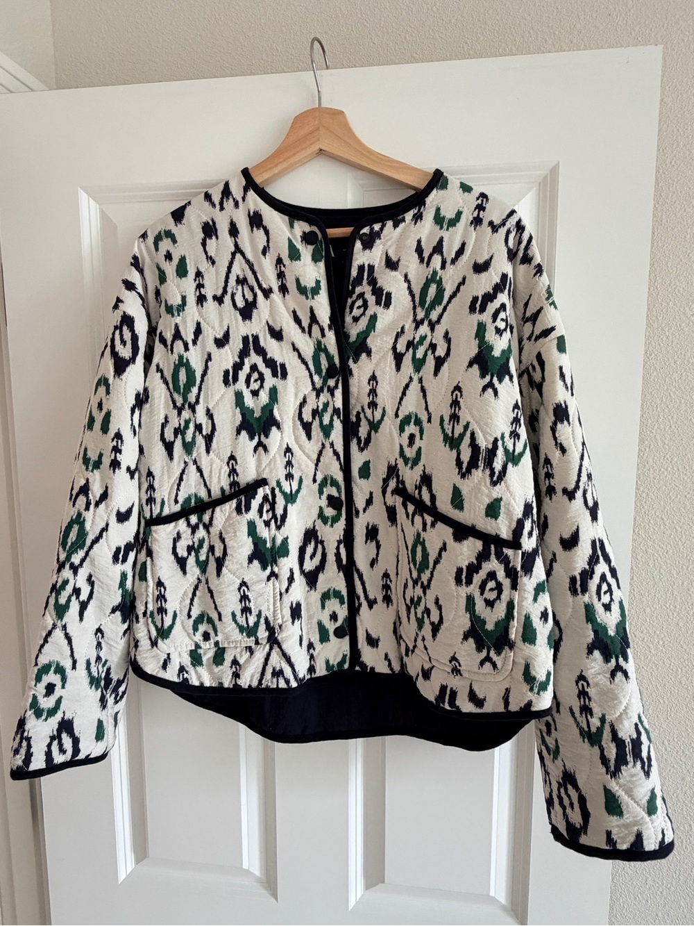 Zara Printed Quilted Jacket Cream Green Navy Contrast Trim Women’s Size S - Picture 2 of 6